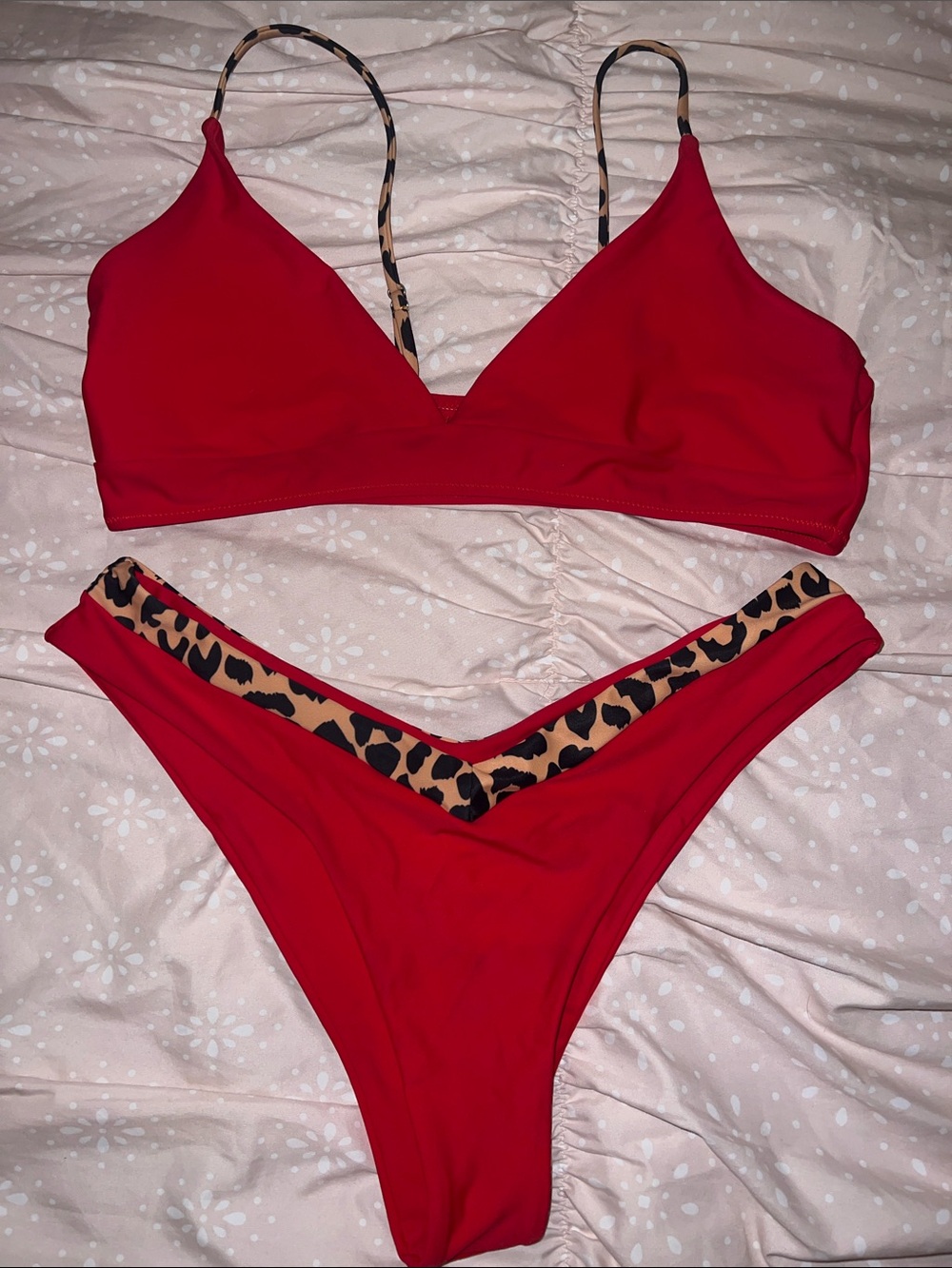 Red Leopard Trim Women's Bikini Set